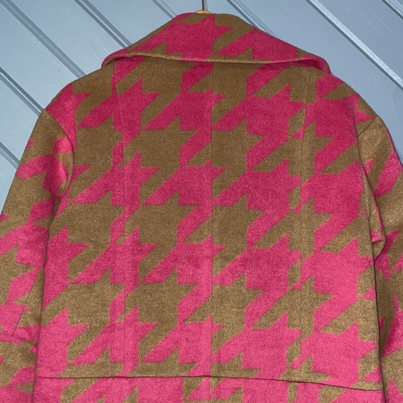 Avec Les Filles Wool Blend Brown Pink Oversized Houndstooth Printed Coat - Picture 5 of 10